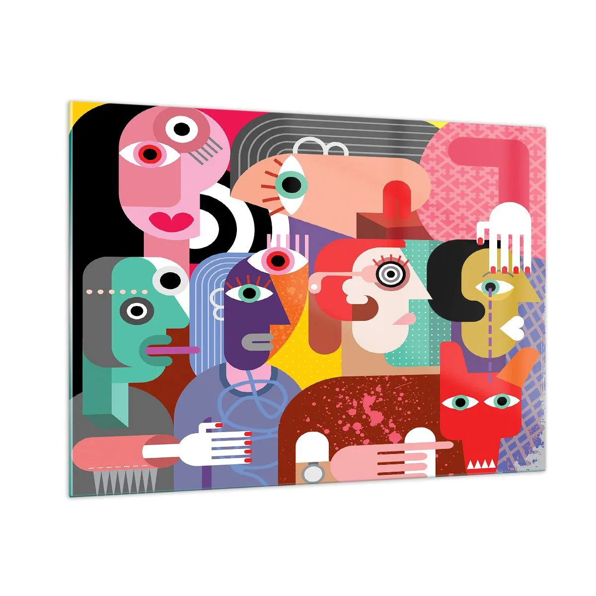 Glasbild - Bild auf glas - Abstrakte Komposition von Gesichtern in lebendigen Farben - 100x70cm - Wir sind von Herrn Picasso - Moderne Wanddekoration für Wohnzimmer und Schlafzimmer ARTTOR