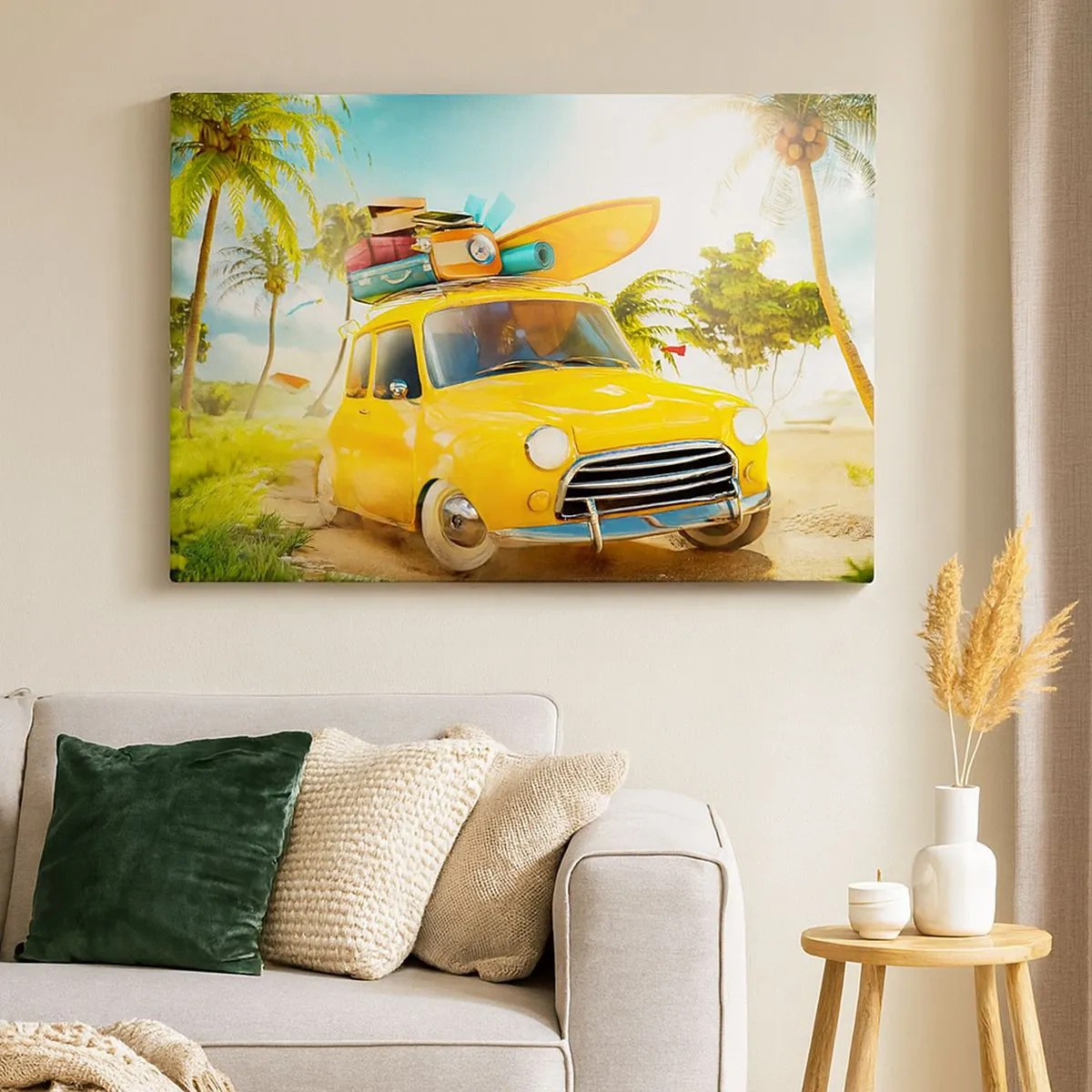 Bild auf Leinwand - Leinwandbild - Ein gelbes Auto mit Gepäck vor einer tropischen Landschaft - 70x50cm - Eine Reise für mehr als ein Lächeln - Moderne Wanddekoration für Wohnzimmer und Schlafzimmer ARTTOR