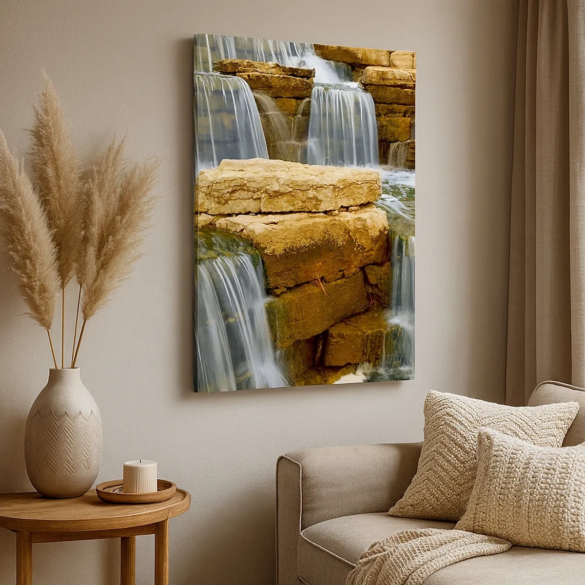 Bild auf Leinwand - Leinwandbild - Ein Wasserfall, der Steinstufen hinunterfließt - 50x70cm - Treppe zum Himmel - Moderne Wanddekoration für Wohnzimmer und Schlafzimmer ARTTOR