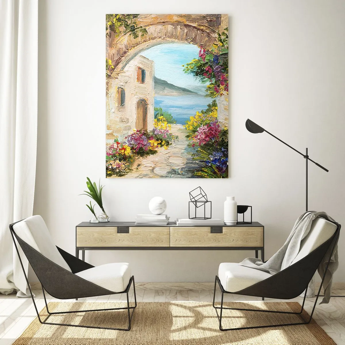Glasbild - Bild auf glas - Eine malerische Straße mit Blick auf den See - 50x70cm - Charme einer Küstenprovinz - Moderne Wanddekoration für Wohnzimmer und Schlafzimmer ARTTOR