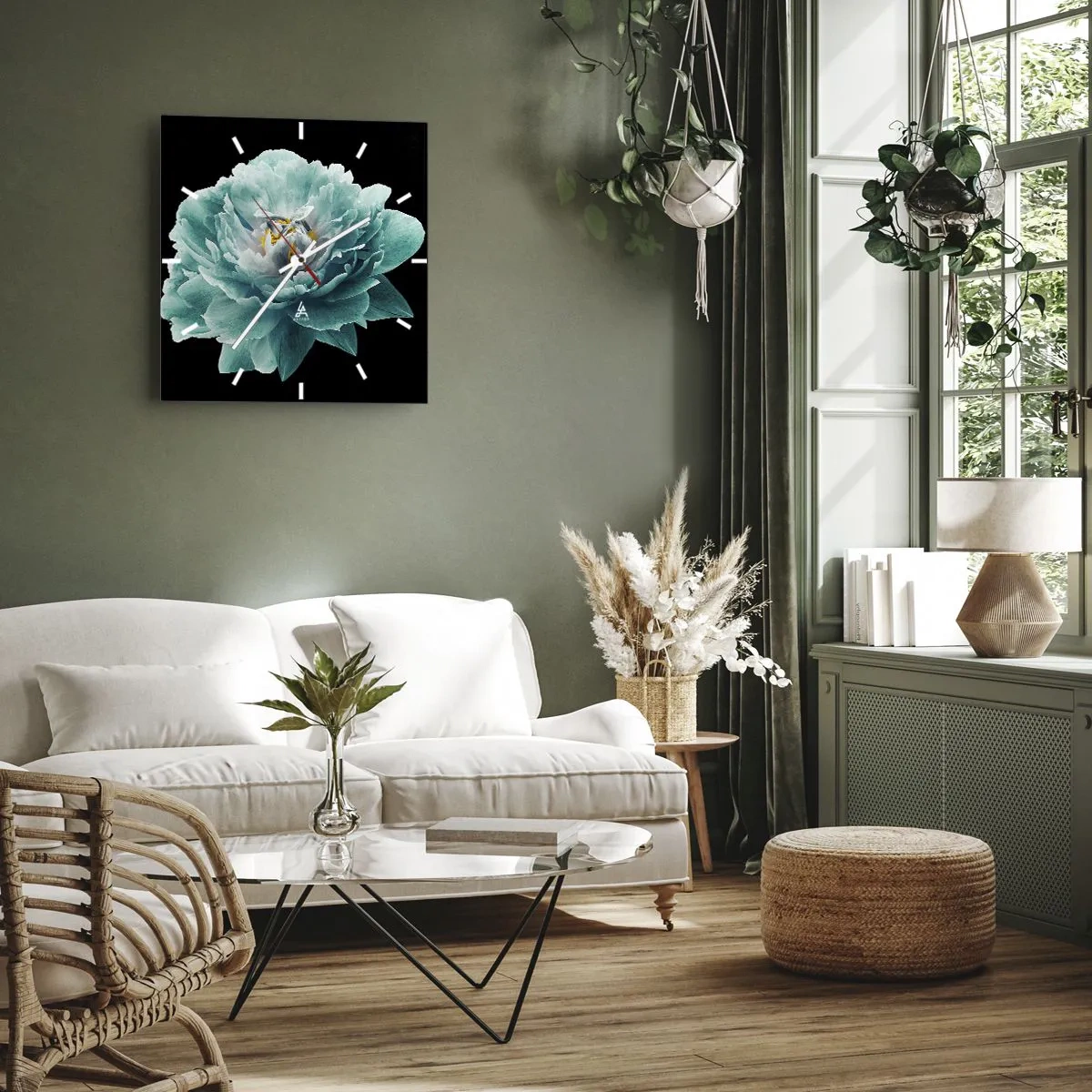 Wanduhr - Glasuhr - Blaue und goldene Blütenblätter - 40x40 cm