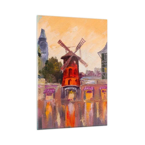 Glasbild - Bild auf glas - Die rote Windmühle des Moulin Rouge, umgeben von der Stadtlandschaft - 80x120cm - Pariser Ikonen – Moulin Rouge - Moderne Wanddekoration für Wohnzimmer und Schlafzimmer ARTTOR