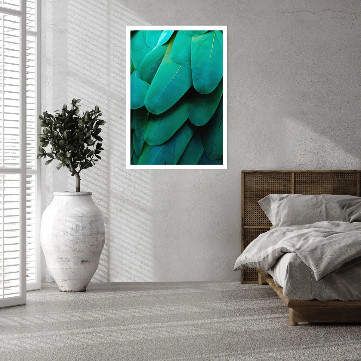 Poster - Nahaufnahme der grünen Federn eines exotischen Vogels - 50x70cm - Papageienartige Präzision - Moderne Wanddekoration für Wohnzimmer und Schlafzimmer ARTTOR