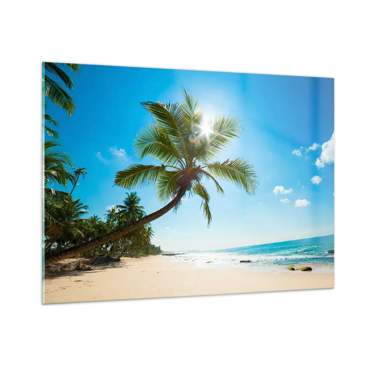 Glasbild - Bild auf glas - Tropischer Strand mit Palmen und blauem Himmel - 100x70cm - Niemandem zeigen - Moderne Wanddekoration für Wohnzimmer und Schlafzimmer ARTTOR