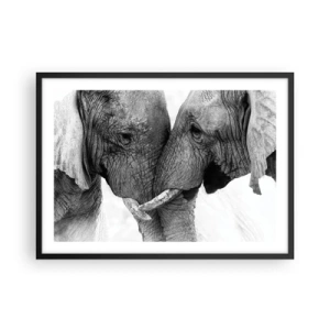 Poster in einem schwarzem Rahmen - Zwei Elefanten in zärtlicher Geste vor monochromem Hintergrund - 70x50cm - Herzliches Geständnis - Moderne Wanddekoration für Wohnzimmer und Schlafzimmer ARTTOR