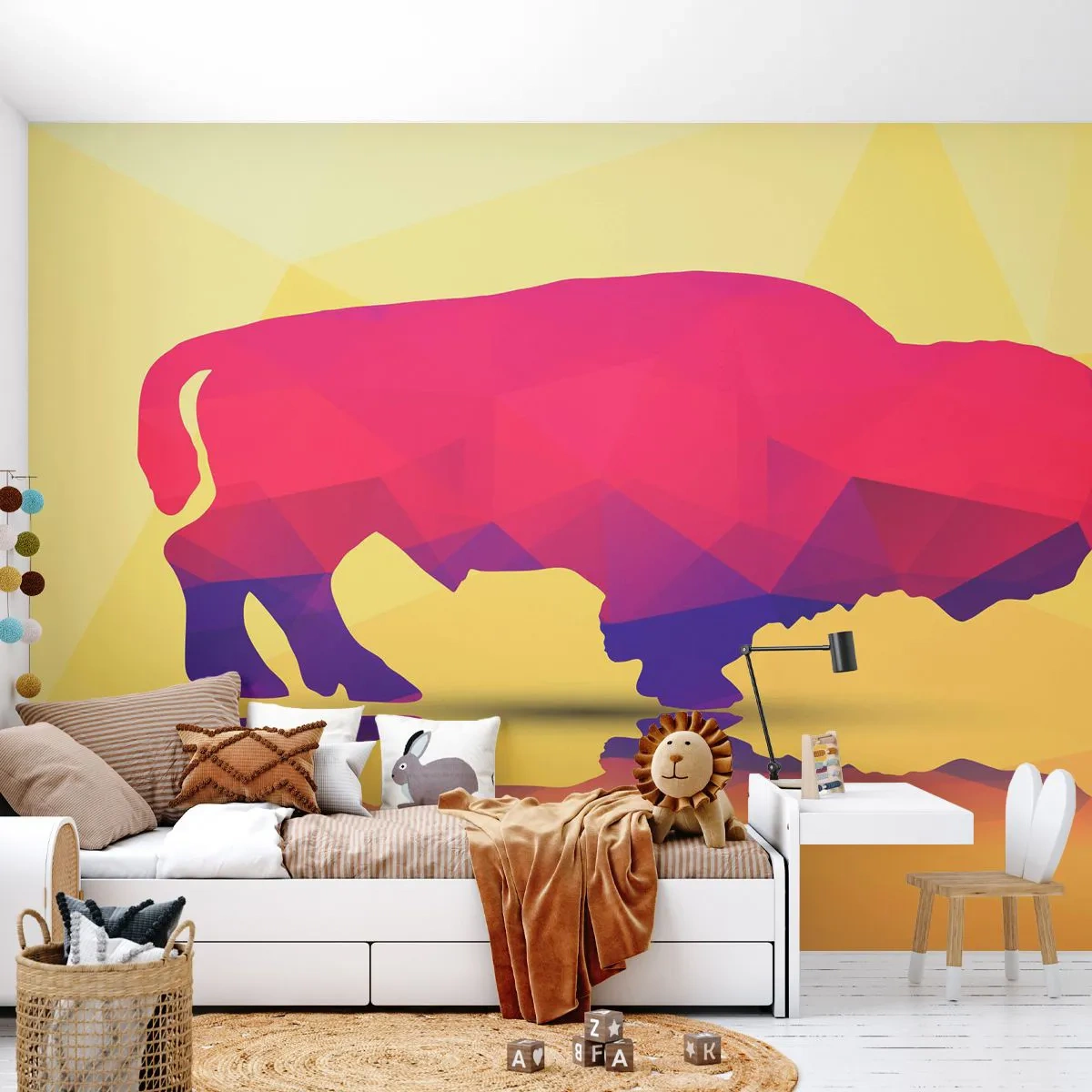 Fototapete Premium Sand - Die Amaranth-Stärke des Bisons - Tiere, Wisent, Geometrische Figur - 100x70 cm