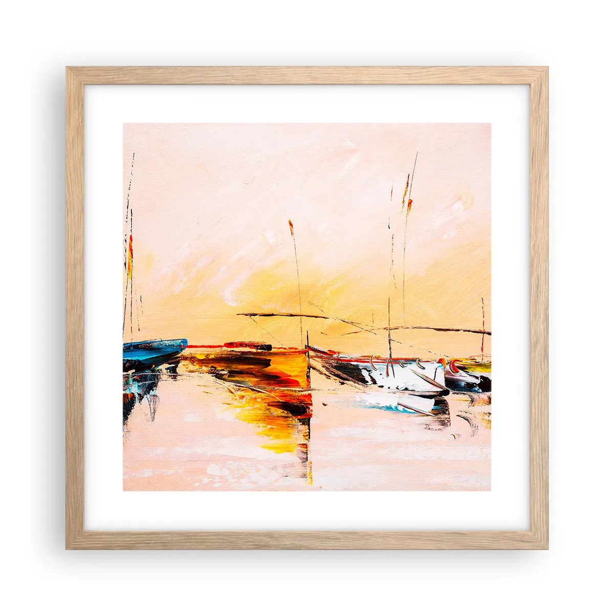 Poster in einem Rahmen aus heller Eiche - Abend im Yachthafen - 40x40 cm