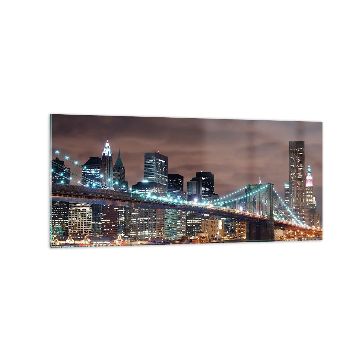 Glasbild - Bild auf glas - Die nachts beleuchtete Brücke vor dem Hintergrund des modernen Stadtpanoramas - 120x50cm - Lichter der Großstadt - Moderne Wanddekoration für Wohnzimmer und Schlafzimmer ARTTOR