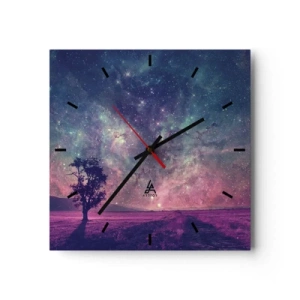 Wanduhr - Glasuhr - Ein Baum vor einem Sternenhimmel in violetten und blauen Farben - 30x30cm - Unter dem magischen Himmel - Moderne Wanddekoration für Wohnzimmer und Schlafzimmer ARTTOR