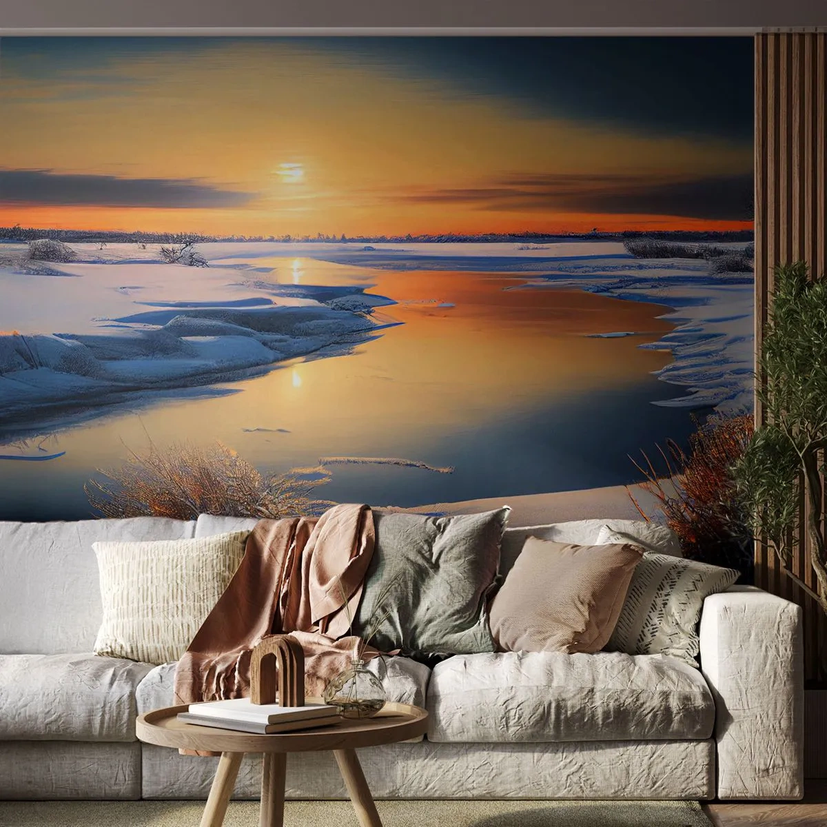 Fototapete Premium Canvas - Wintersonnenuntergang - Winter, Fluss, Landschaft - 500x350 cm