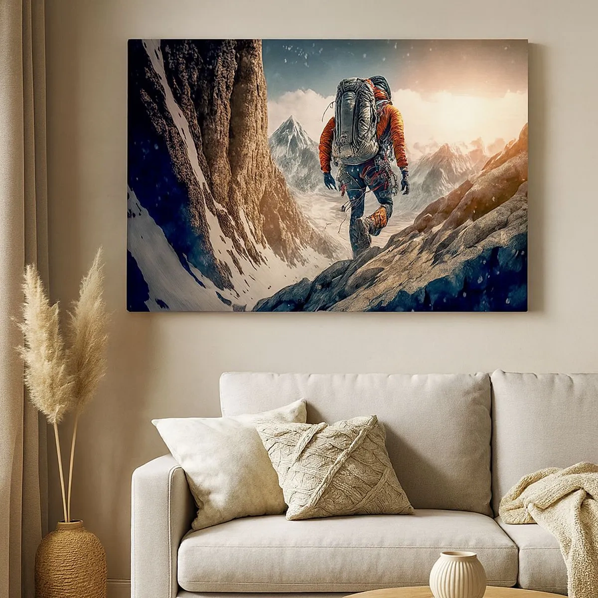 Bild auf Leinwand - Leinwandbild - Ein Bergsteiger auf einem Bergpfad in einer Winterlandschaft - 70x50cm - Einsamer Krieger - Moderne Wanddekoration für Wohnzimmer und Schlafzimmer ARTTOR