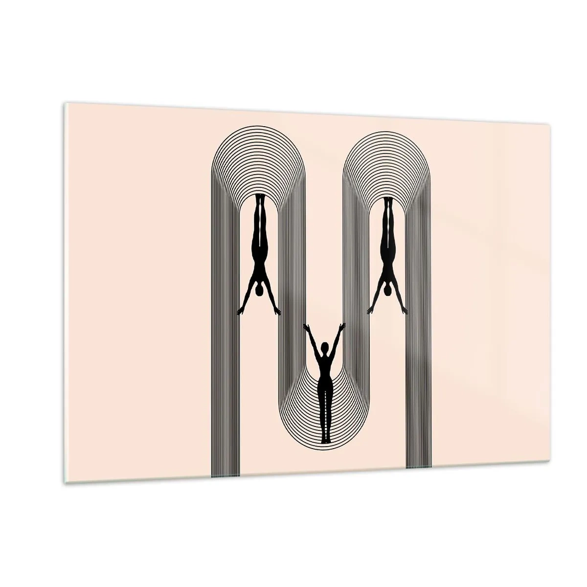 Glasbild - Bild auf glas - Schwarze Silhouetten von Figuren, die in rhythmischen Bögen schweben - 120x80cm - Verkehrt herum - Moderne Wanddekoration für Wohnzimmer und Schlafzimmer ARTTOR