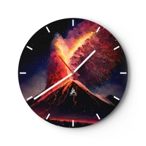 Wanduhr - Glasuhr - Vulkanausbruch mit einer Fontäne aus Feuer und Rauch vor nächtlichem Hintergrund - 30x30cm - Schönheit und Horror - Moderne Wanddekoration für Wohnzimmer, Küche und Schlafzimmer ARTTOR