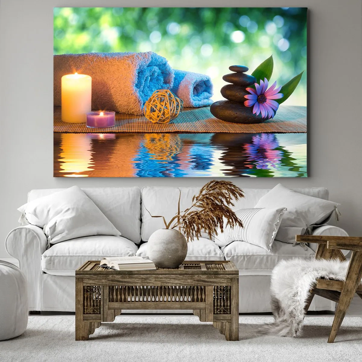 Bild auf Leinwand - Leinwandbild - Entspannendes SPA-Set mit Handtüchern, Kerzen und Steinen - 120x80cm - Zeit für den Körper - Moderne Wanddekoration für Wohnzimmer und Schlafzimmer ARTTOR