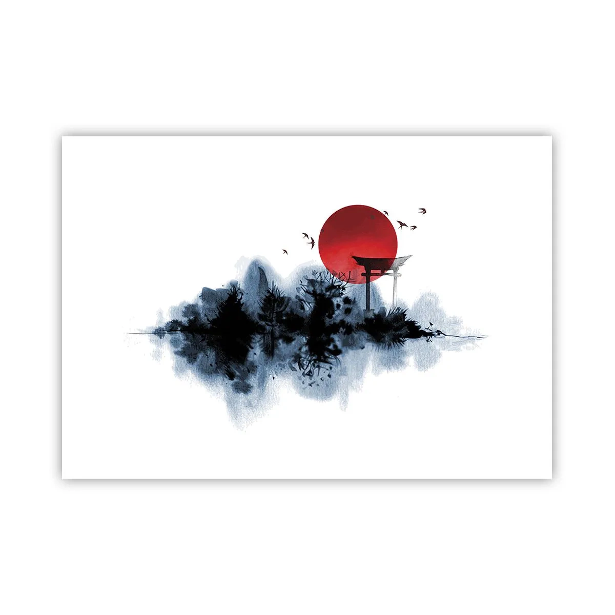 Poster - Rote Sonne über einer malerischen Landschaft mit Torii - 100x70cm - Japanische Sicht - Moderne Wanddekoration für Wohnzimmer und Schlafzimmer ARTTOR