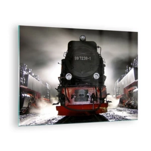 Glasbild - Bild auf glas - Eine Dampflokomotive umgeben von Dampf und Licht - 70x50cm - Er steht und keucht, seufzt und pustet - Moderne Wanddekoration für Wohnzimmer und Schlafzimmer ARTTOR