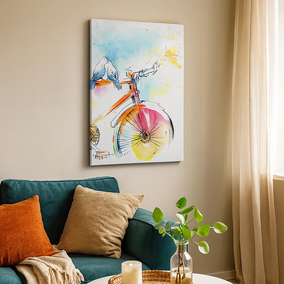 Bild auf Leinwand - Leinwandbild - Buntes Aquarell eines Fahrrads mit darauf sitzenden Vögeln - 50x70cm - Fahrrad für zwei - Moderne Wanddekoration für Wohnzimmer und Schlafzimmer ARTTOR