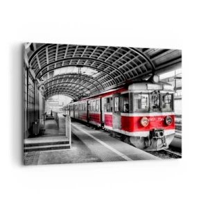 Bild auf Leinwand - Leinwandbild - Roter Zug am Bahnhof unter einem Dach - 120x80cm - Vielleicht ist es eine Reise Ihres Lebens? - Moderne Wanddekoration für Wohnzimmer und Schlafzimmer ARTTOR