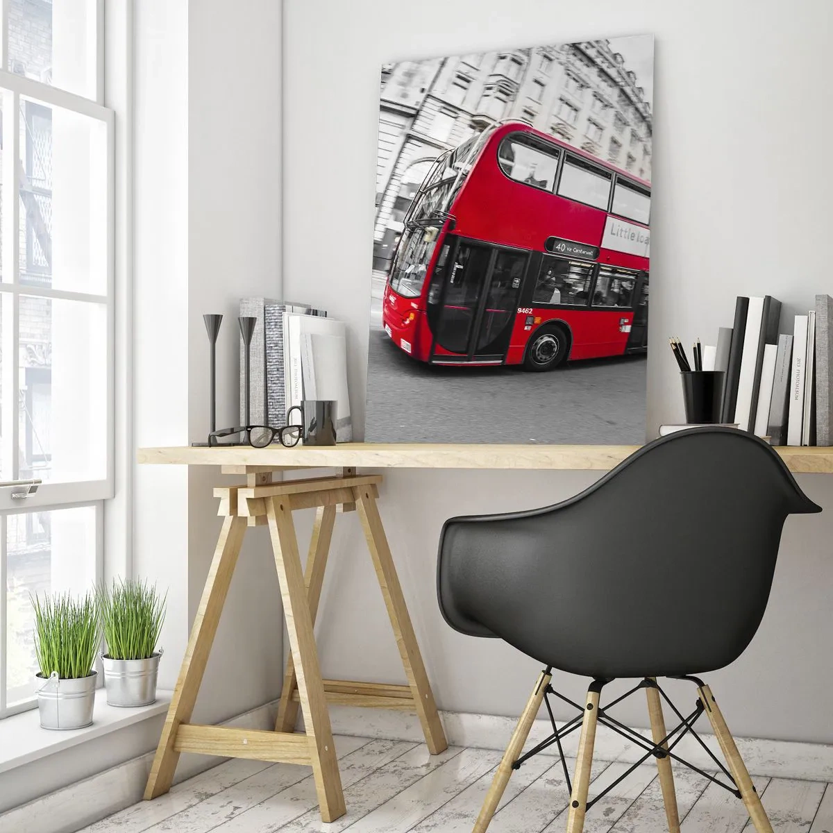 Glasbild - Bild auf glas - Ein roter Londoner Bus vor einer schwarz-weißen Straße - 80x120cm - London traditionell - mit dem Bus - Moderne Wanddekoration für Wohnzimmer und Schlafzimmer ARTTOR