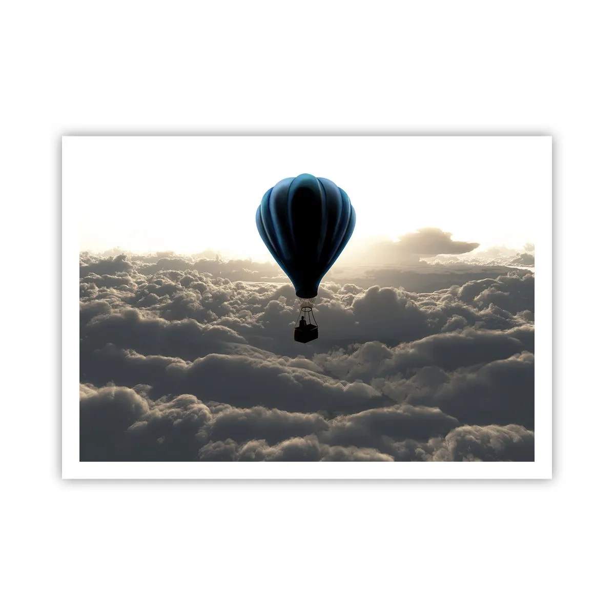 Poster - Ein Heißluftballon vor einem Himmel mit Wolken bei Sonnenuntergang - 100x70cm - Ein Wanderer über den Wolken - Moderne Wanddekoration für Wohnzimmer und Schlafzimmer ARTTOR