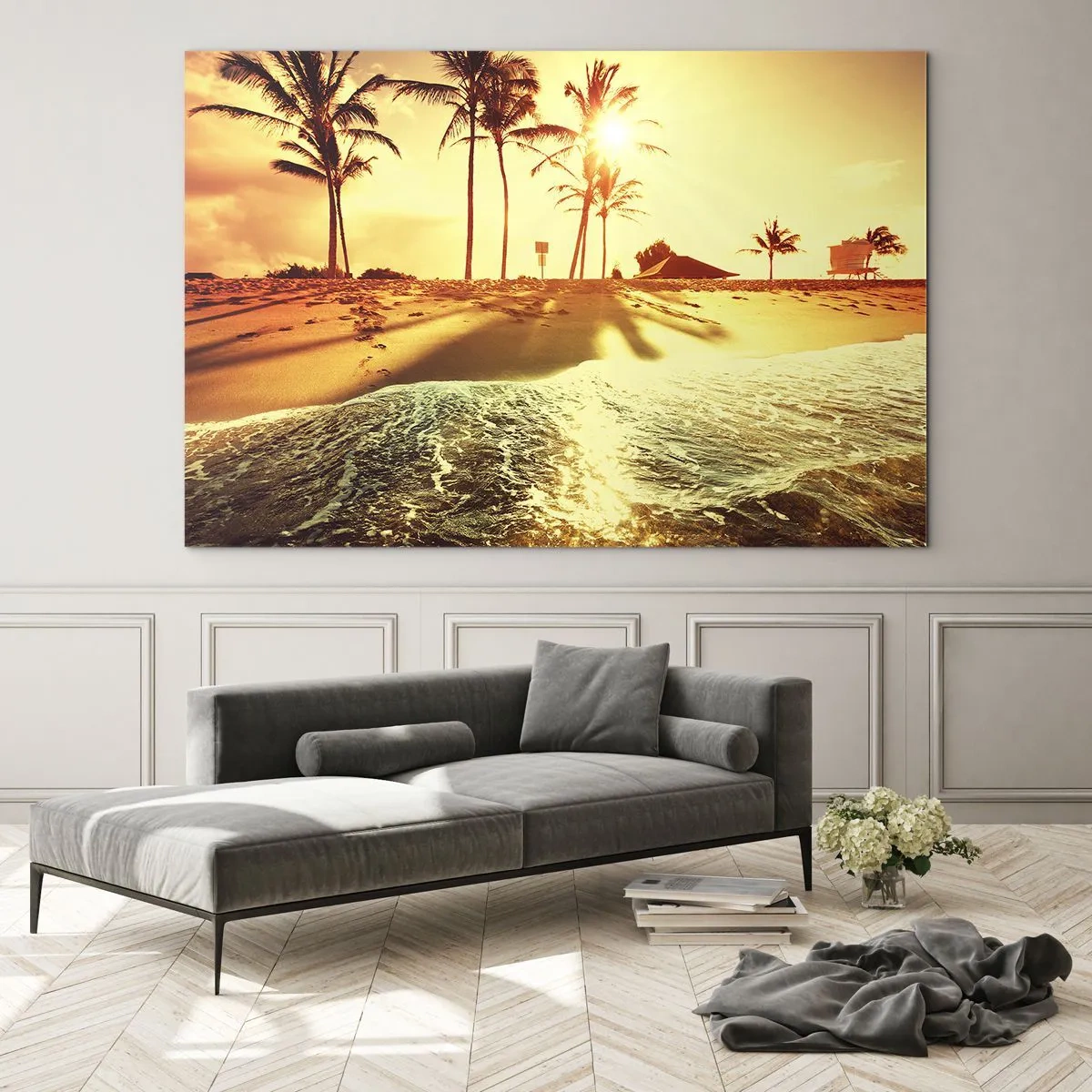 Glasbild - Bild auf glas - Goldener Strand mit Palmen bei Sonnenuntergang und ruhigem Meer - 100x70cm - Kalifornien am Nachmittag - Moderne Wanddekoration für Wohnzimmer und Schlafzimmer ARTTOR