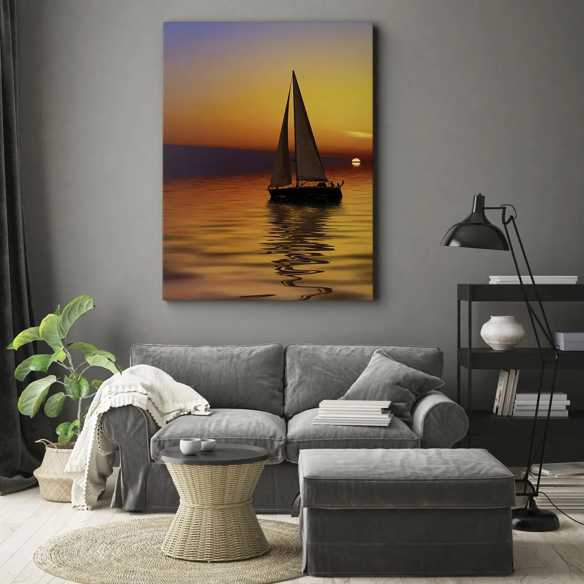 Bild auf Leinwand - Leinwandbild - Ein Segelboot auf ruhiger See bei Sonnenuntergang - 50x70cm - Wie ruhig es hier in der Abenddämmerung ist... - Moderne Wanddekoration für Wohnzimmer und Schlafzimmer ARTTOR