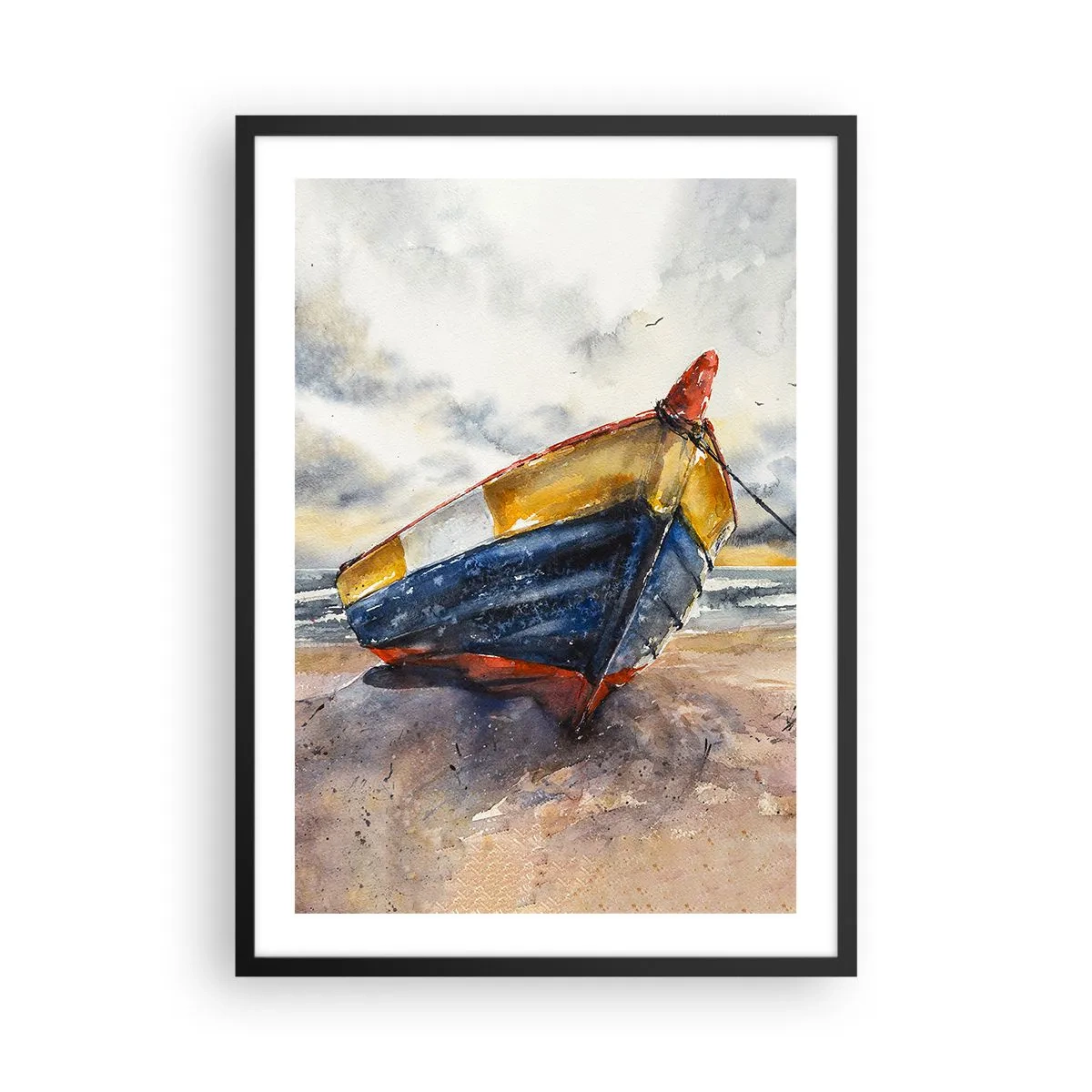 Poster in einem schwarzem Rahmen - Aquarellboot am Strand bei Sonnenuntergang - 50x70cm - Erholung am Ufer - Moderne Wanddekoration für Wohnzimmer und Schlafzimmer ARTTOR