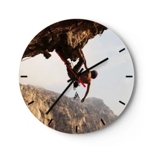 Wanduhr - Glasuhr - Klettern auf einer Klippe mit Blick auf die Berge - 30x30cm - Die Welt ist in einer Hand auf einem Felsblock geschrumpft - Moderne Wanddekoration für Wohnzimmer, Küche und Schlafzimmer ARTTOR