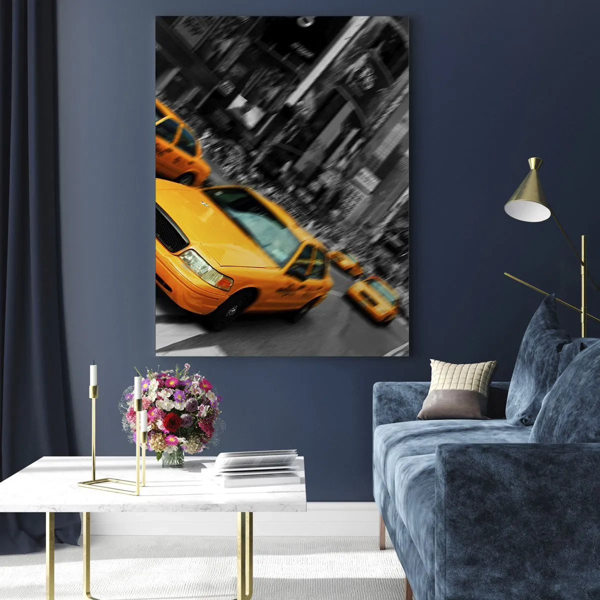 Glasbild - Bild auf glas - Gelbe Taxis an einer belebten Kreuzung in der Stadt - 80x120cm - New Yorker Sonnentropfen - Moderne Wanddekoration für Wohnzimmer und Schlafzimmer ARTTOR