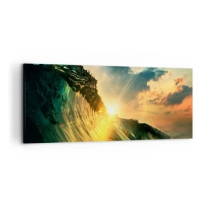 Bild auf Leinwand - Leinwandbild - Eine Welle mit untergehender Sonne und beleuchteten Wolken - 120x50cm - Surfer, wo bist du? - Moderne Wanddekoration für Wohnzimmer und Schlafzimmer ARTTOR