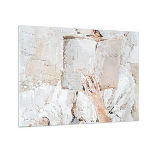 Glasbild - Bild auf glas - Eine Person, die in die Lektüre eines Buches vertieft ist, vor einem hellen, impressionistischen Hintergrund - 70x50cm - In einer anderen Welt - Moderne Wanddekoration für Wohnzimmer und Schlafzimmer ARTTOR