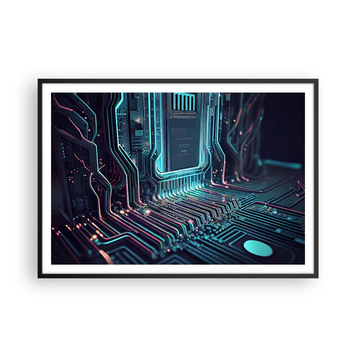 Poster in einem schwarzem Rahmen - Technologische Leiterplatte mit beleuchteten Spuren - 100x70cm - Ich denke nur… - Moderne Wanddekoration für Wohnzimmer und Schlafzimmer ARTTOR
