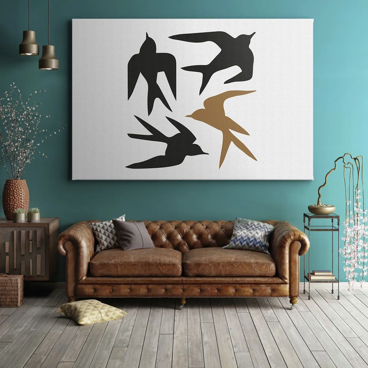 Bild auf Leinwand - Leinwandbild - Silhouetten von Schwalben in Schwarz und Gold - 70x50cm - Schwalbenspaß - Moderne Wanddekoration für Wohnzimmer und Schlafzimmer ARTTOR
