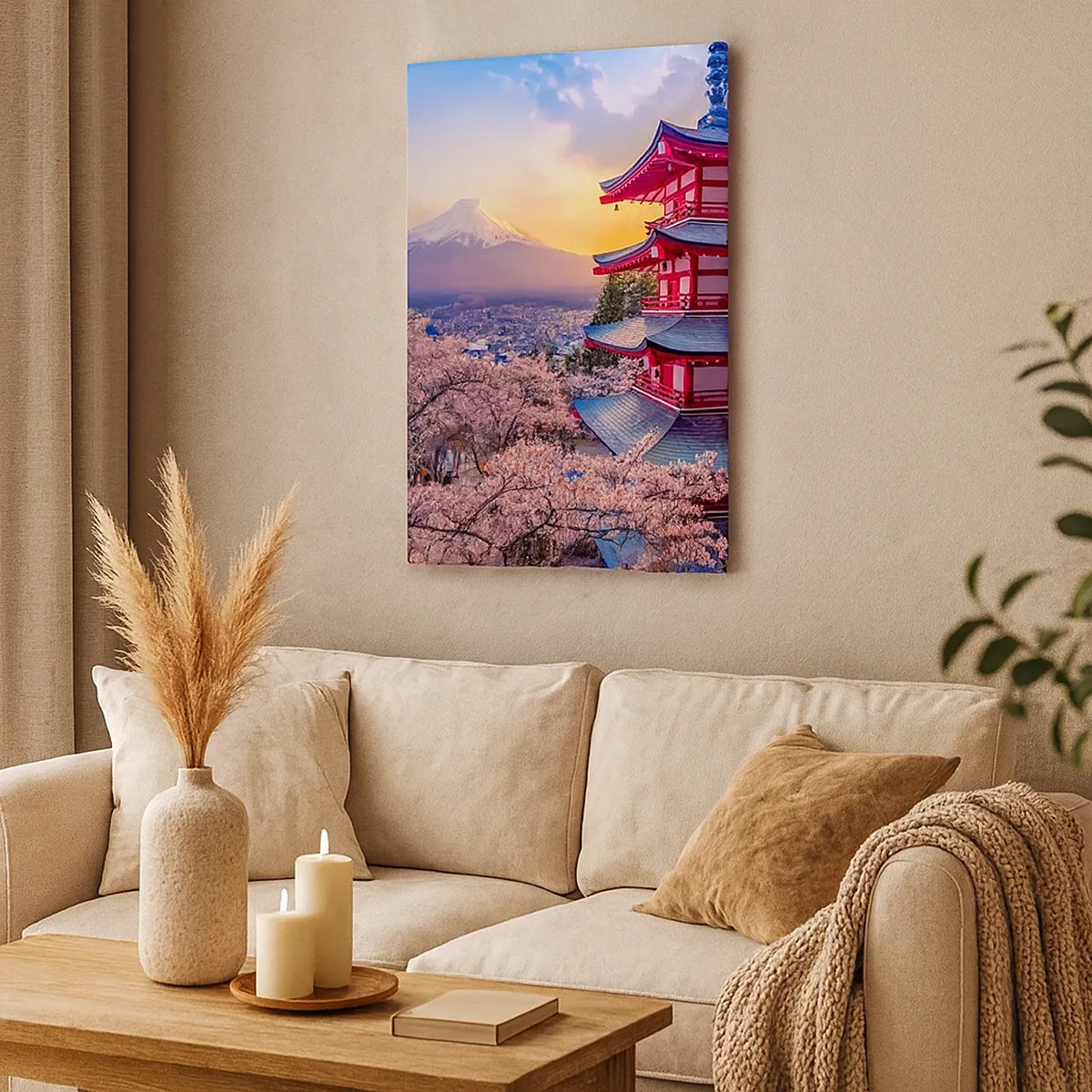Bild auf Leinwand - Leinwandbild - Eine Pagode in Japan mit Kirschblüten und dem Berg Fuji - 50x70cm - Die Essenz des japanischen Geistes - Moderne Wanddekoration für Wohnzimmer und Schlafzimmer ARTTOR