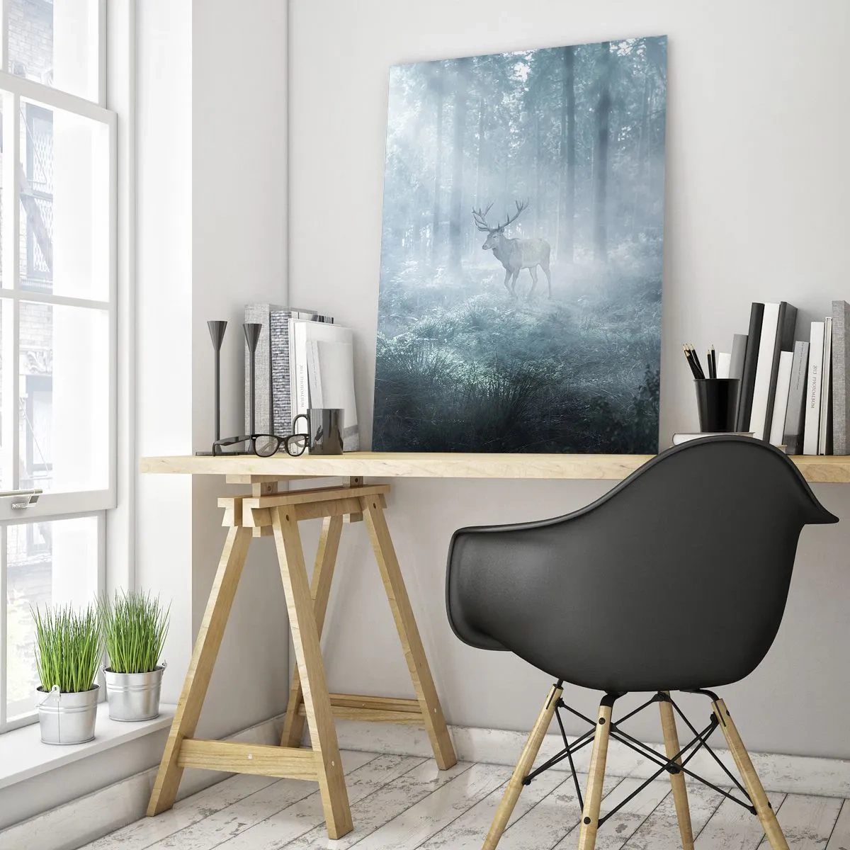Glasbild - Bild auf glas - Ein Hirsch in einem dichten Wald, eingehüllt in Morgennebel - 70x100cm - Morgenvisite auf dem Grundstück - Moderne Wanddekoration für Wohnzimmer und Schlafzimmer ARTTOR
