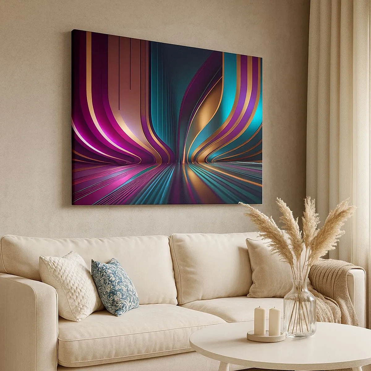 Bild auf Leinwand - Leinwandbild - Futuristische Abstraktion mit intensiven Farben und Kurven - 70x50cm - Architektur des Lichts - Moderne Wanddekoration für Wohnzimmer und Schlafzimmer ARTTOR