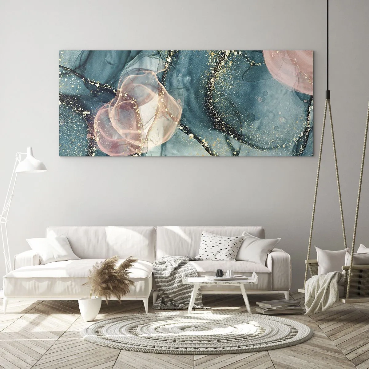 Glasbild - Bild auf glas - Eine abstrakte Komposition in Türkis- und Goldtönen. - 120x50cm - Seidenblau, Tüllrosa - Moderne Wanddekoration für Wohnzimmer und Schlafzimmer ARTTOR