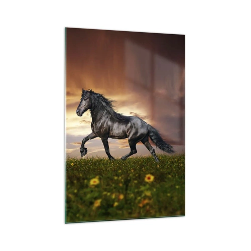 Glasbild - Bild auf glas - Ein schwarzes Pferd galoppiert gegen die untergehende Sonne - 70x100cm - Schwarzer Prinz - Moderne Wanddekoration für Wohnzimmer und Schlafzimmer ARTTOR