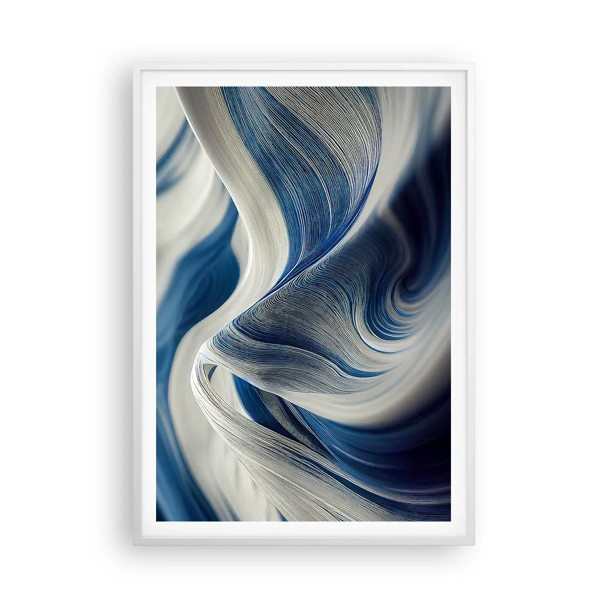 Poster in einem weißen Rahmen - Fließfähigkeit von Blau und Weiß - 70x100 cm
