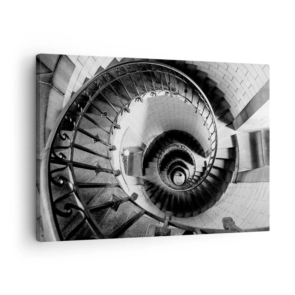 Bild auf Leinwand - Leinwandbild - Schwarz-Weiß-Fotografie einer Wendeltreppe aus der Vogelperspektive - 70x50cm - Höher und höher - Moderne Wanddekoration für Wohnzimmer und Schlafzimmer ARTTOR