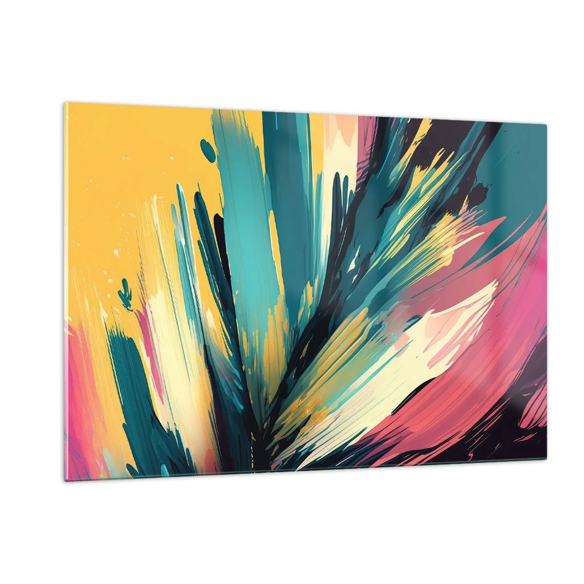 Glasbild - Bild auf glas - Dynamische Pinselstriche in leuchtenden Farben - 120x80cm - Komposition – eine Explosion der Freude - Moderne Wanddekoration für Wohnzimmer und Schlafzimmer ARTTOR