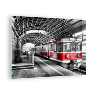 Glasbild - Bild auf glas - Roter Zug am Bahnhof unter einem Dach - 70x50cm - Vielleicht ist es eine Reise Ihres Lebens? - Moderne Wanddekoration für Wohnzimmer und Schlafzimmer ARTTOR