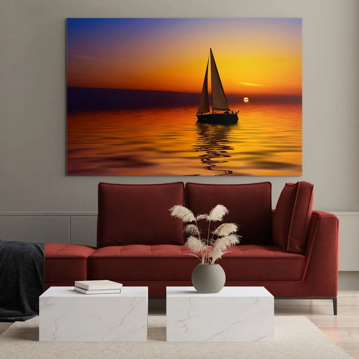 Glasbild - Bild auf glas - Ein Segelboot auf dem Wasser bei Sonnenuntergang - 120x80cm - Wie ruhig es hier in der Abenddämmerung ist... - Moderne Wanddekoration für Wohnzimmer und Schlafzimmer ARTTOR