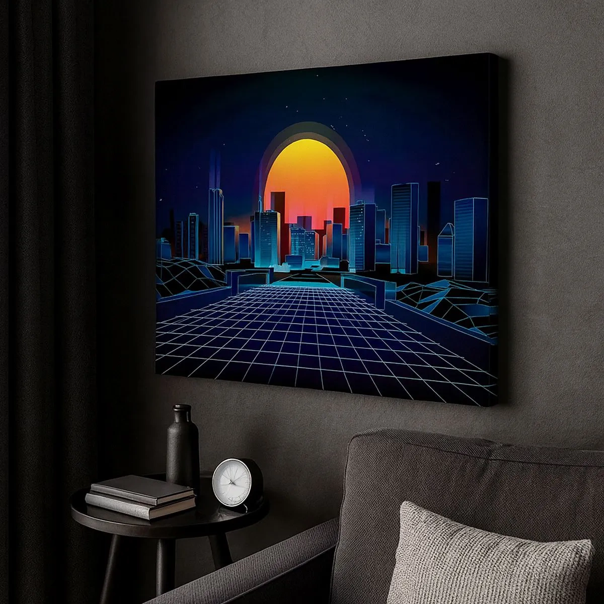 Bild auf Leinwand - Leinwandbild - Futuristische Skyline im Neon-Stil - 70x50cm - Willst du immer noch zu Real gehen? - Moderne Wanddekoration für Wohnzimmer und Schlafzimmer ARTTOR
