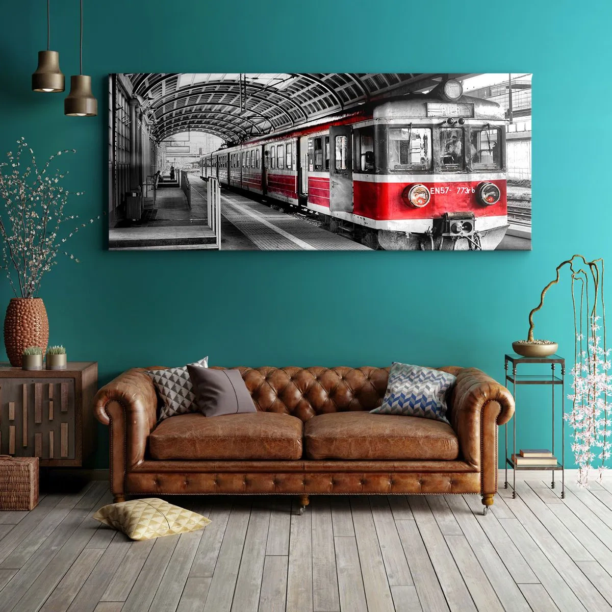 Bild auf Leinwand - Leinwandbild - Roter Zug am Bahnhof unter einem Dach - 160x50cm - Vielleicht ist es eine Reise Ihres Lebens? - Moderne Wanddekoration für Wohnzimmer und Schlafzimmer ARTTOR
