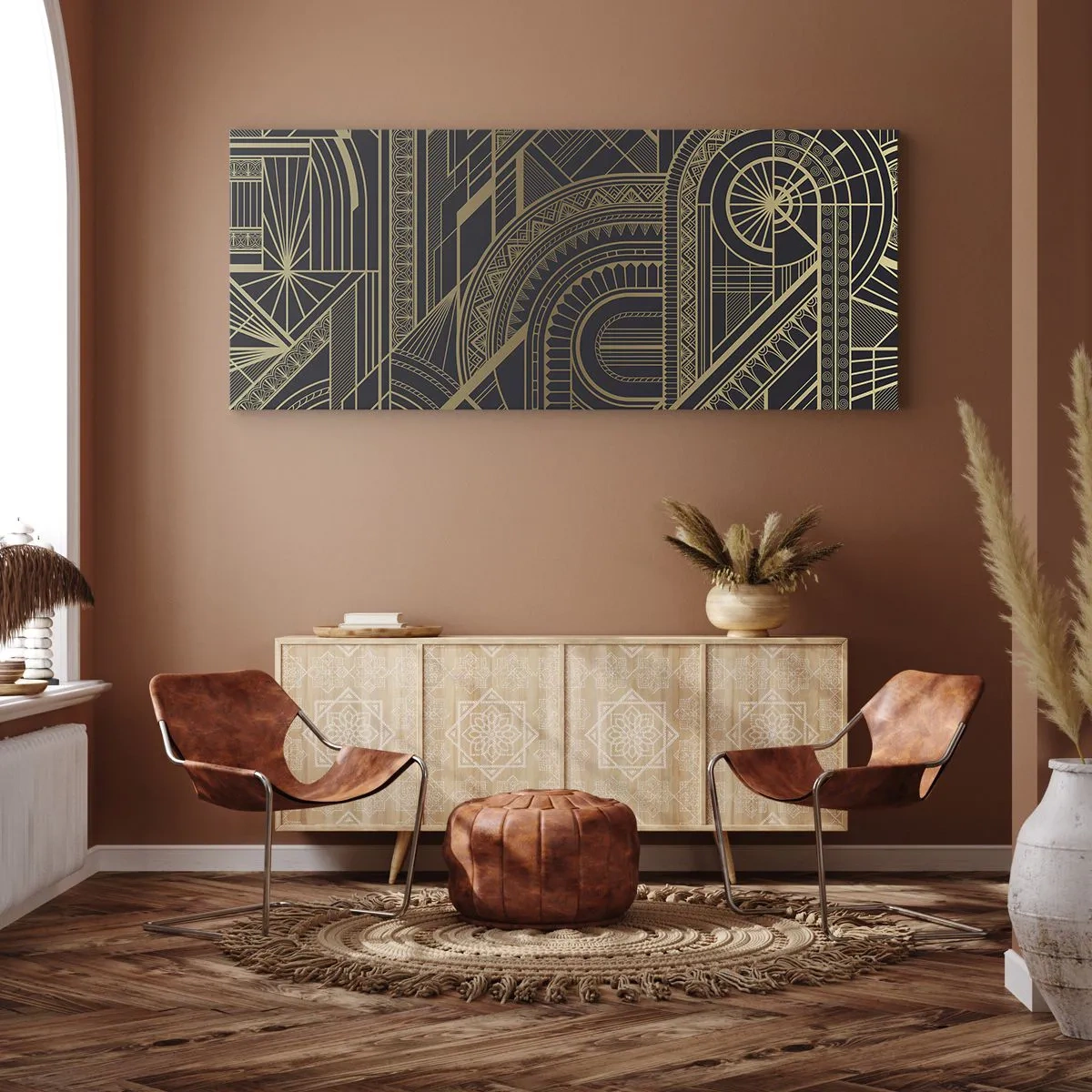 Bild auf Leinwand - Leinwandbild - Goldene geometrische Muster auf schwarzem Hintergrund im Art-Deco-Stil - 140x50cm - Konzepte, Ideen, Pläne - Moderne Wanddekoration für Wohnzimmer und Schlafzimmer ARTTOR