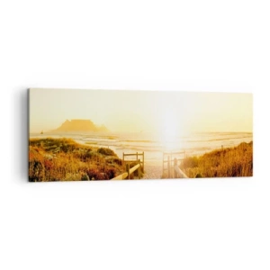 Bild auf Leinwand - Leinwandbild - Weg zum Strand bei goldenem Sonnenuntergang - 140x50cm - Über die Düne, der Sonne entgegen - Moderne Wanddekoration für Wohnzimmer und Schlafzimmer ARTTOR