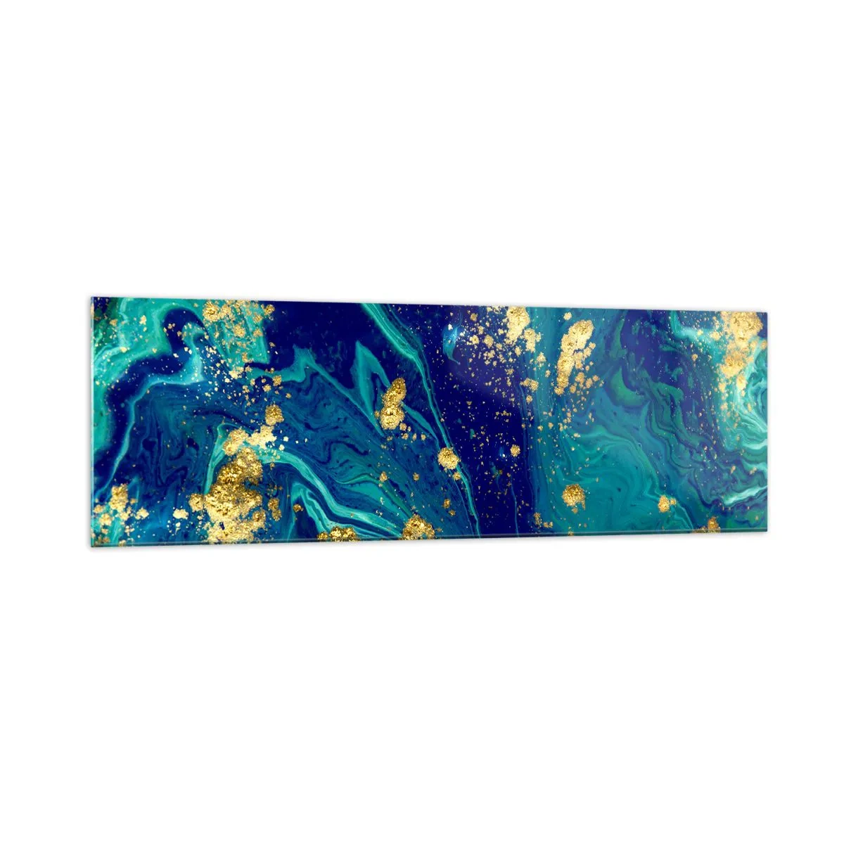 Glasbild - Bild auf glas - Eine abstrakte Komposition mit blauen, grünen und goldenen Akzenten. - 160x50cm - Die Blütenblätter der Sonne - Moderne Wanddekoration für Wohnzimmer und Schlafzimmer ARTTOR