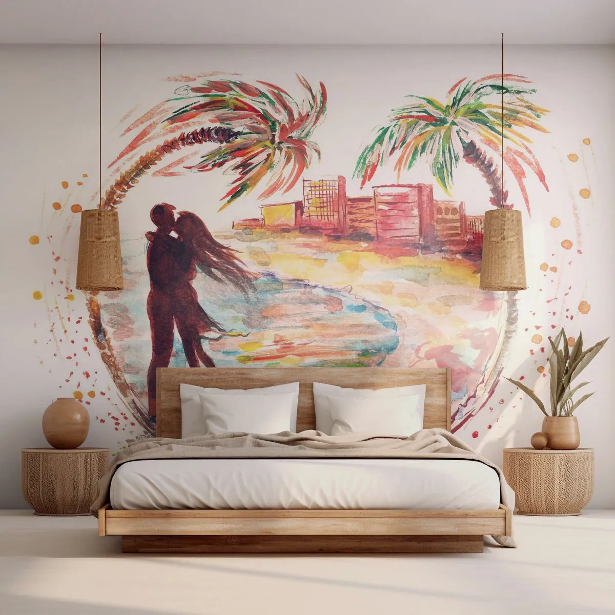 Fototapete Premium Canvas - Romantische Paarszene an einem Strand mit Palmen in Aquarell - 100x70cm - Romantischer Urlaub - Moderne Wanddekoration für Wohnzimmer und Schlafzimmer ARTTOR