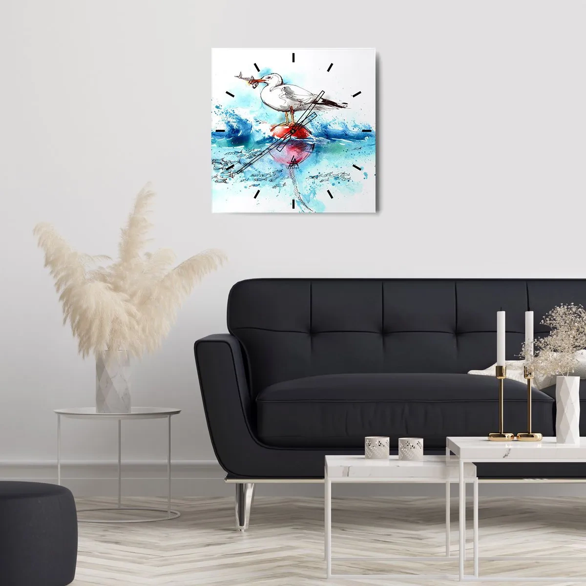 Wanduhr - Glasuhr - Möwe auf einer Boje mit Fischen im Hintergrund im Aquarellstil - 30x30cm - Erfolgreicher Fang - Moderne Wanddekoration für Wohnzimmer und Schlafzimmer ARTTOR